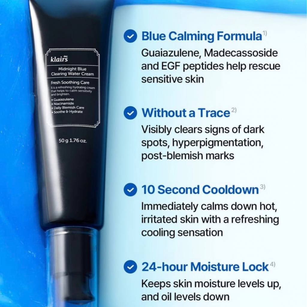 Dear Klairs Midnight Blue Clearing Water Cream 50g - Crema Gel Hidratante para Piel Grasa y Acné