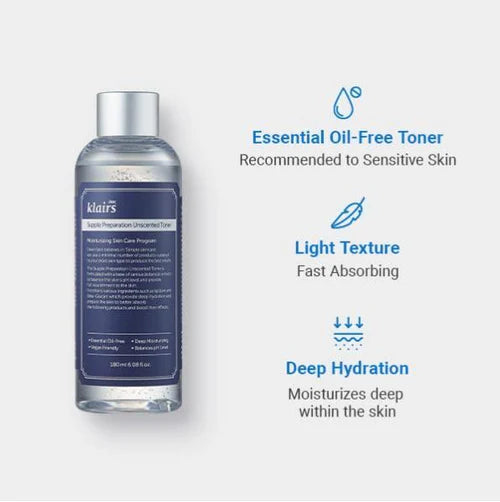 Dear Klairs Supple Preparation Unscented Toner 180ml - Tónico Hidratante Sin Fragancia